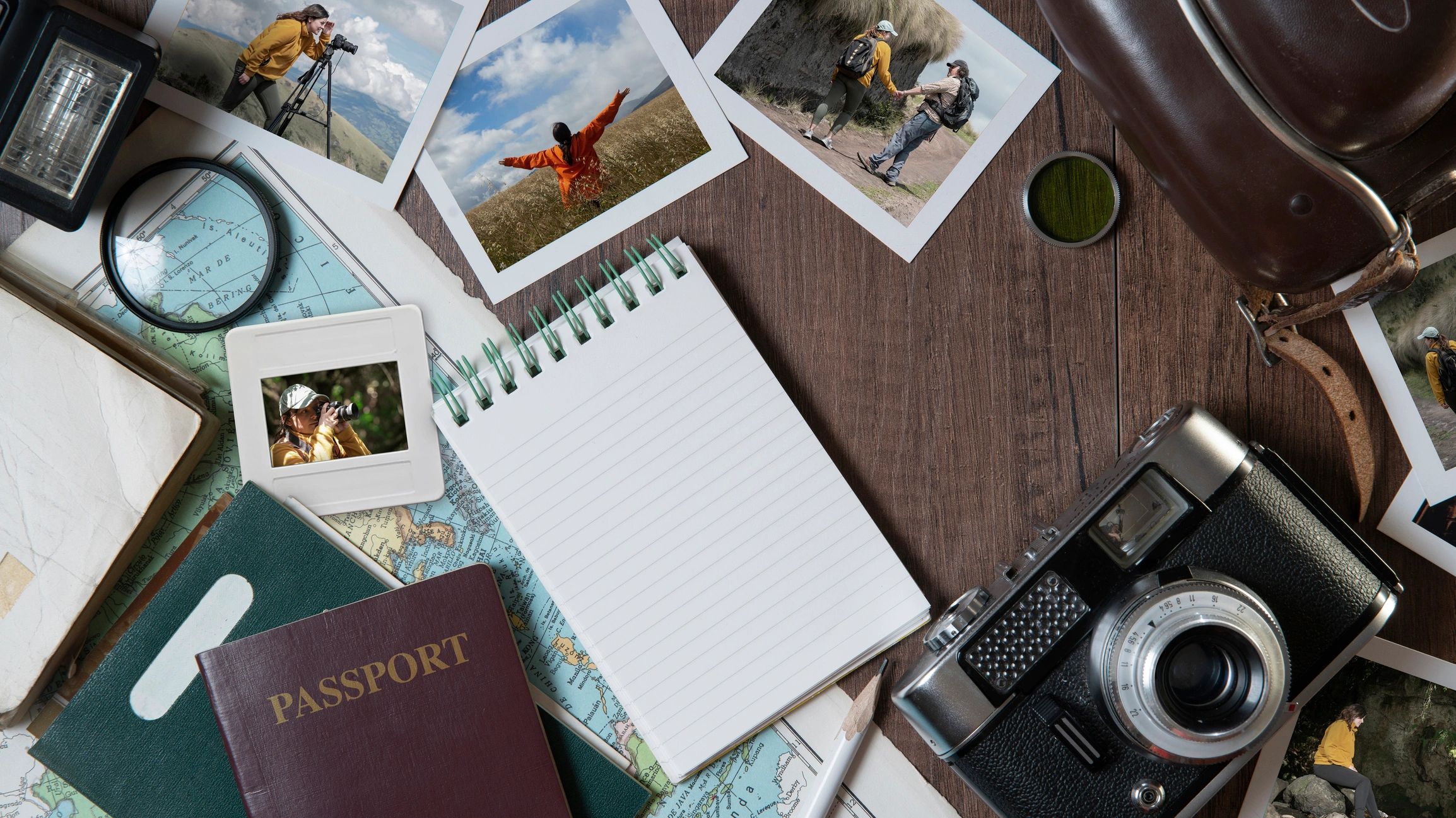 Top view of Couple photographs, travel photos, passports